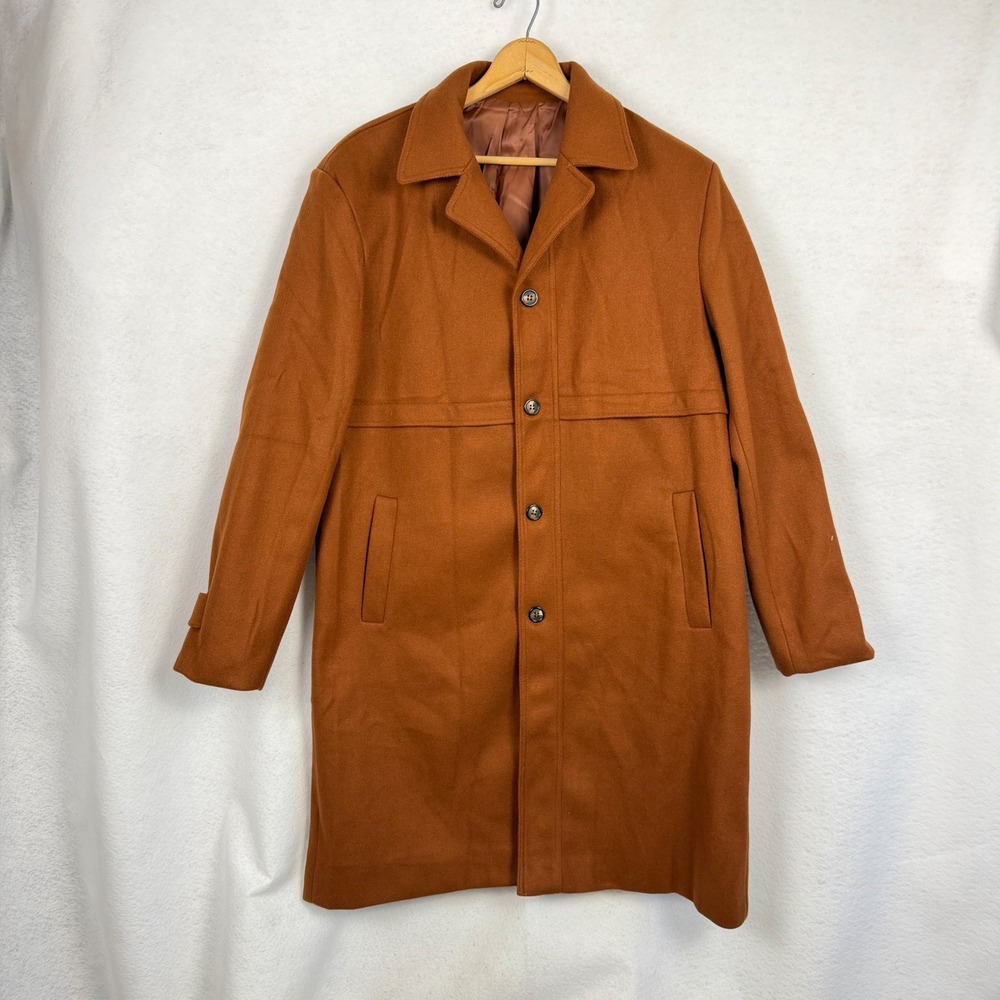 Coat Mens XL Storm Flap Long Jacket Brown Cozy Fall Autumn Winter Layering - Picture 2 of 12